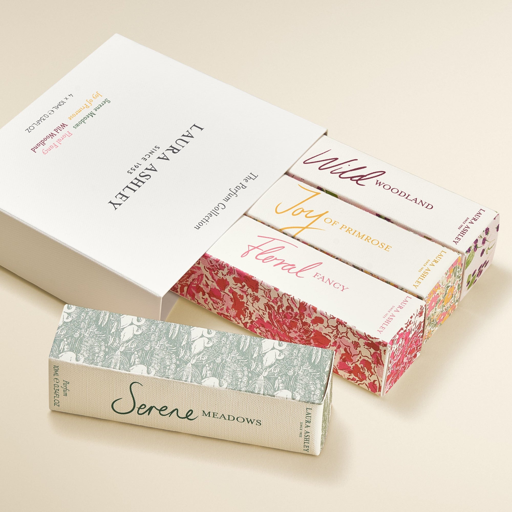 Laura Ashley assorted boxes of fragrance products with floral and nature-themed designs on a beige background