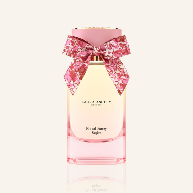 Laura Ashley Floral Fancy perfume bottle with a pink bow on a white background