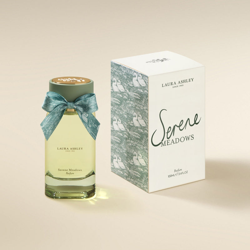 Laura Ashley Serene Meadows perfume bottle and packaging on a beige background